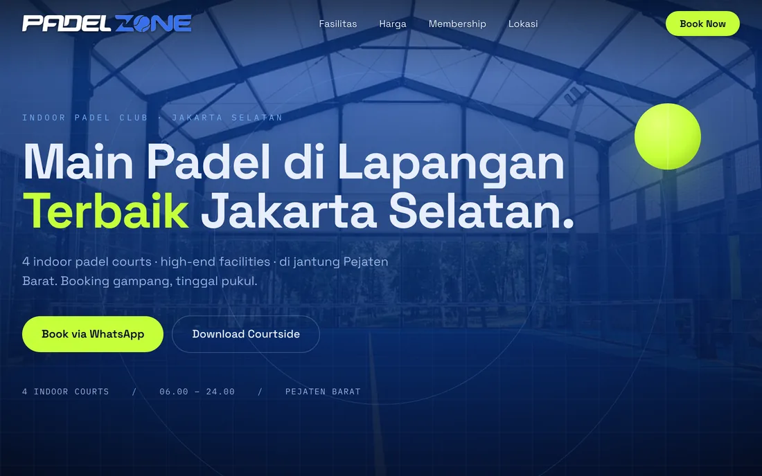 Padel Zone - website cinematic dibangun dalam 8 jam oleh Sagara Ruang